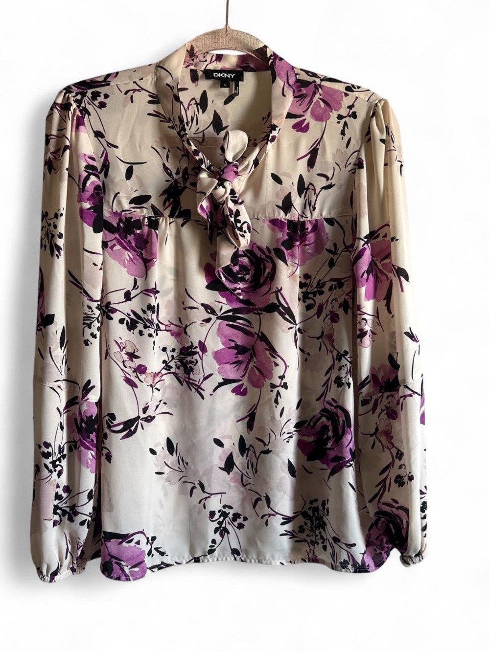 DKNY Cream Blouse with Purple Floral Tie-Neck